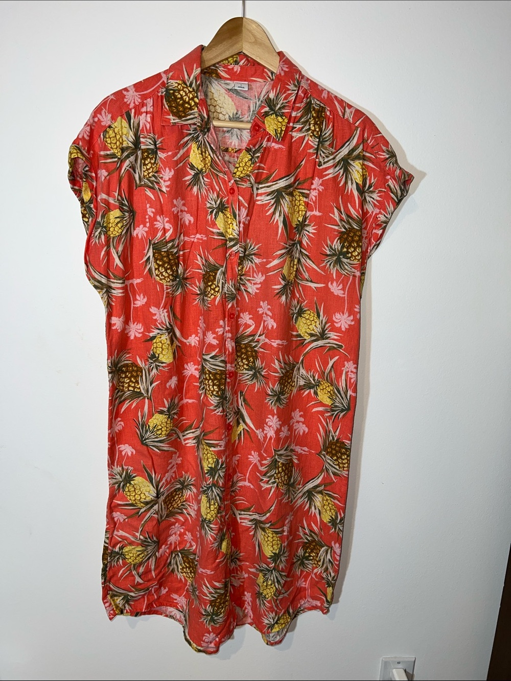 Old Navy Coral Pineapple Print Button-Up Shirt Dress